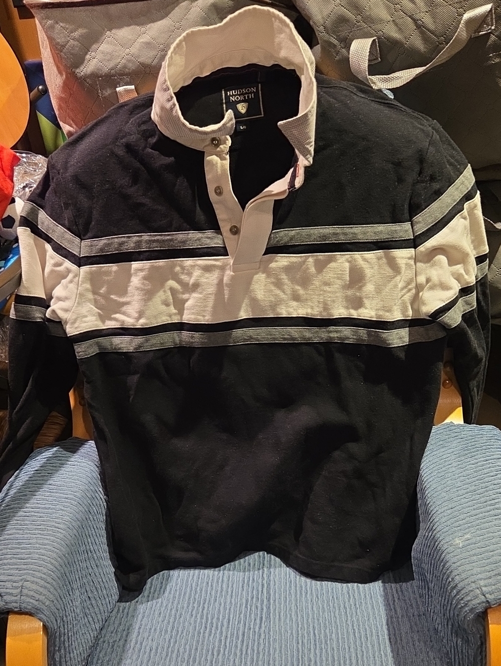 Hudson North Black & White Striped Rugby-Style Button Down Shirt
